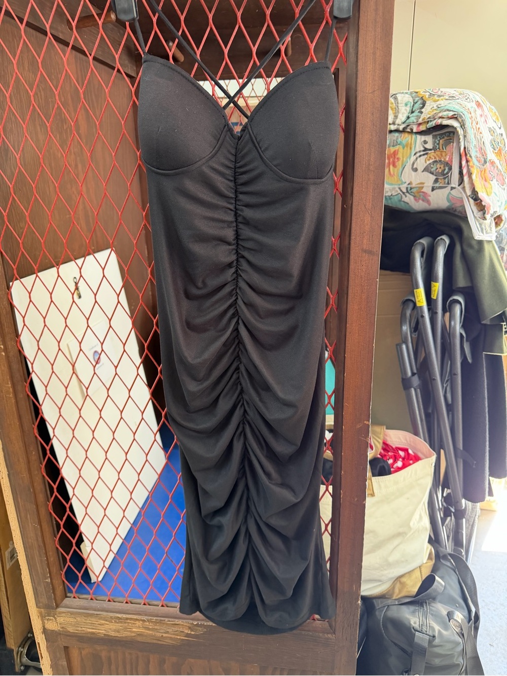 Black Strapless Ruched Midi Dress